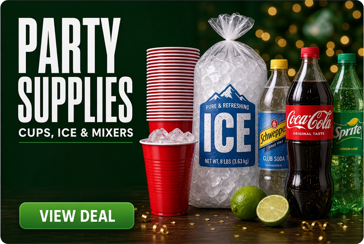 Party supplies bundle — cups, ice & mixers